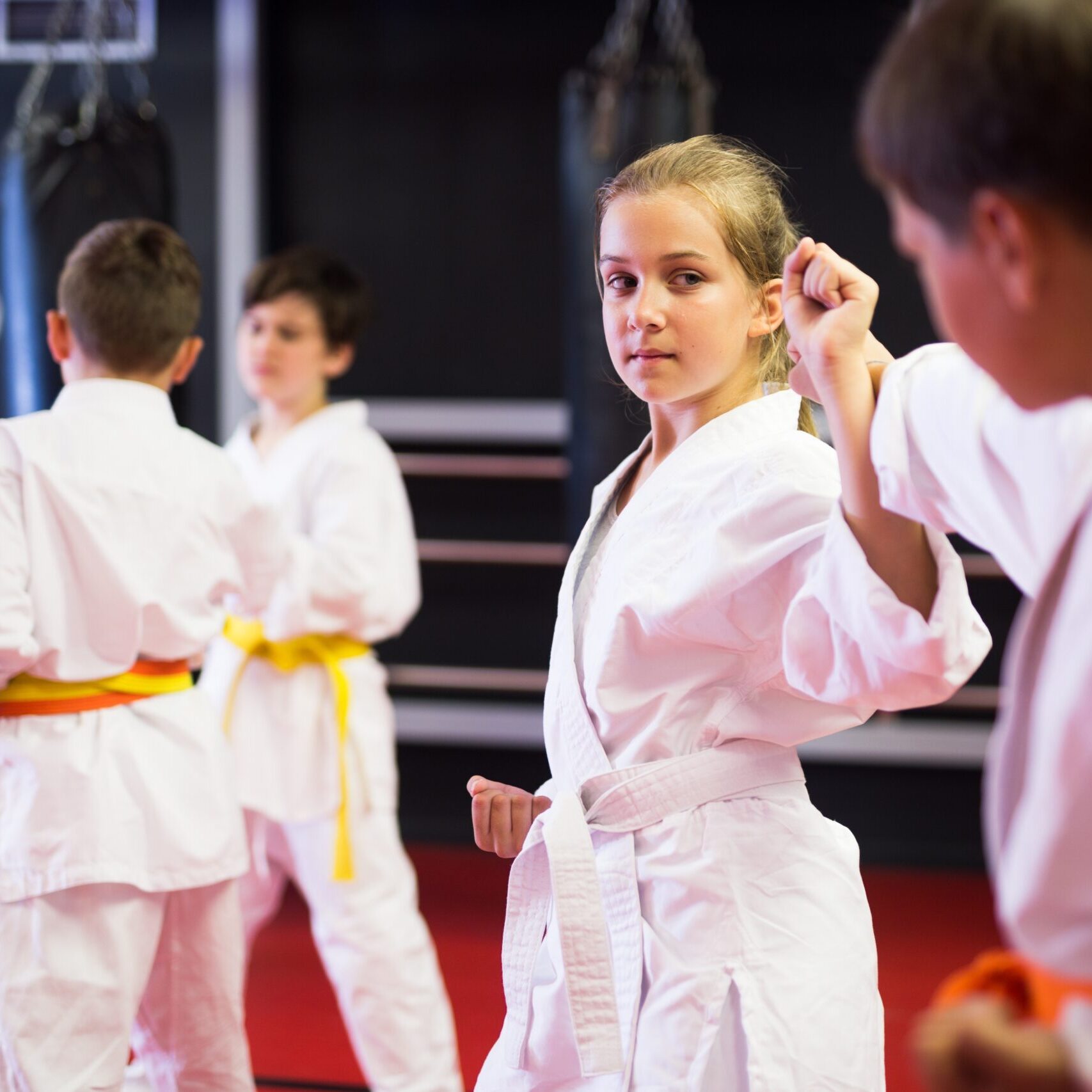 Diligent,Positive,Schoolchilds,Practicing,New,Karate,Moves,In,Pairs,In